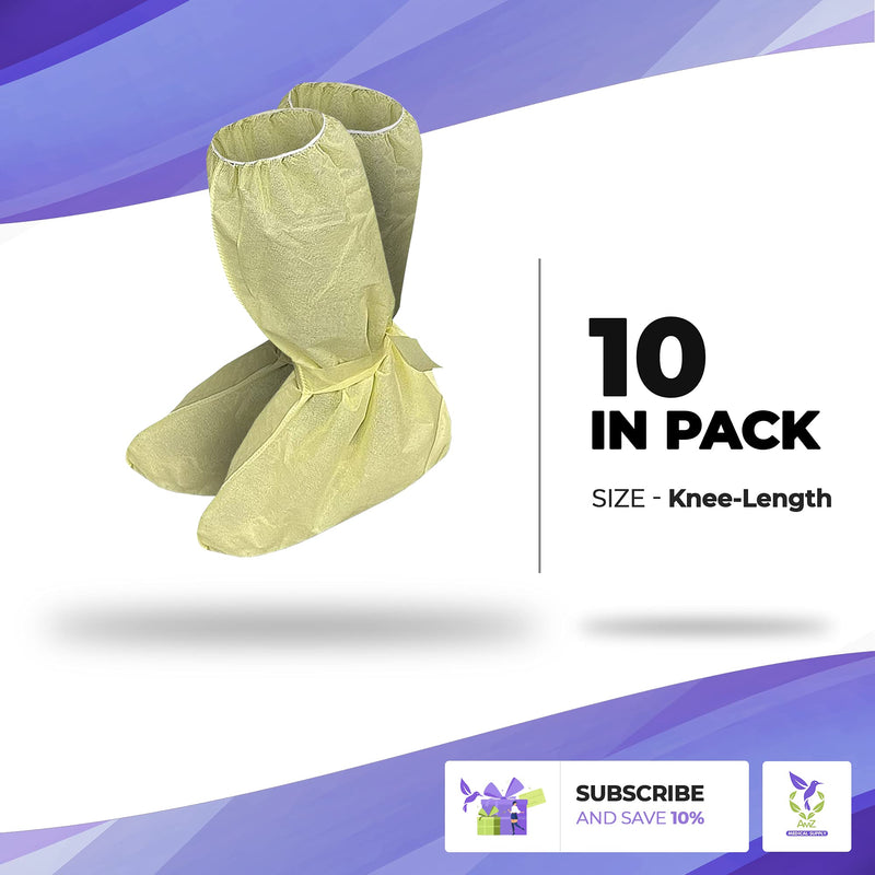 AMZ Medical Supply Disposable Shoe Covers for Indoors. Pack of 10 Yellow Shoe Booties Disposable Polypropylene Covers, Universal Shoe Booties with Fixation Ties, Knee-Length. Knee-Length / 10 pairs