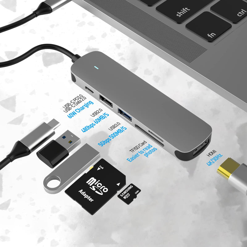 USB C HUB, USB C Adapter 6 in 1 with USB 3.0, 4K-HDMI, USB C Connection/PD, SD/TF Card Reader, Docking Station Compatible with MacBook Pro/Air Laptop and Other Type C Devices