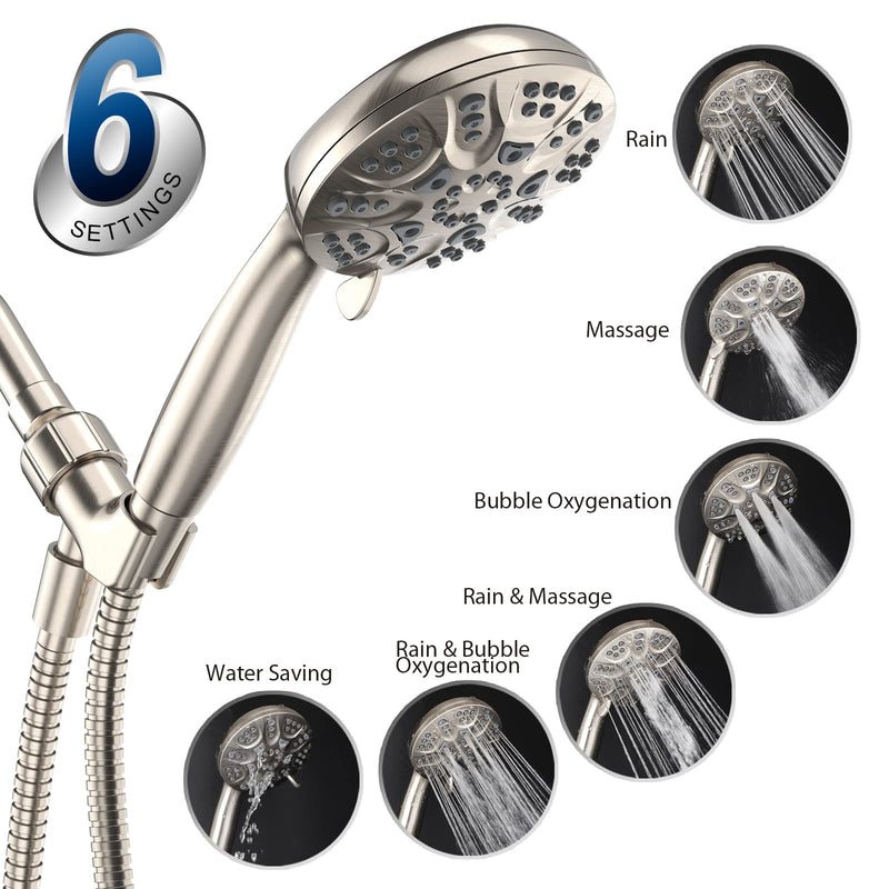 HOPOPRO 6 Functions Handheld Shower Head Set, High Pressure Shower Head High Flow Hand Held Showerhead Set with 59 Inch Hose Bracket Teflon Tape Rubber Washers Brushed Nickel