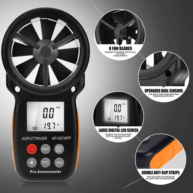 AOPUTTRIVER Bluetooth Anemometer AP-007APP Handheld Anemometer Wind Speed Meter Measuring Wind Speed/Temperature with Backlit and Max/Min/AVG for Shooting, Sailling, Flying, Climbing, HVAC