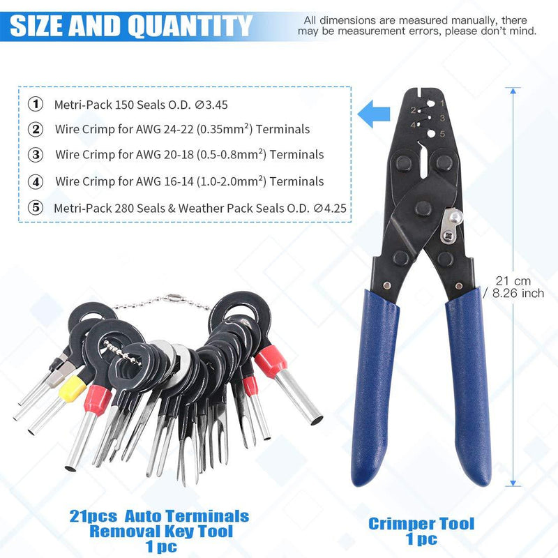 Glarks Pin Terminals Tool Set, A Crimper Tool and 21Pcs Pin Terminals Removal Key Tools for Car Auto Wire Connector Terminal Pin Crimping and Extractor Puller Remover Repair