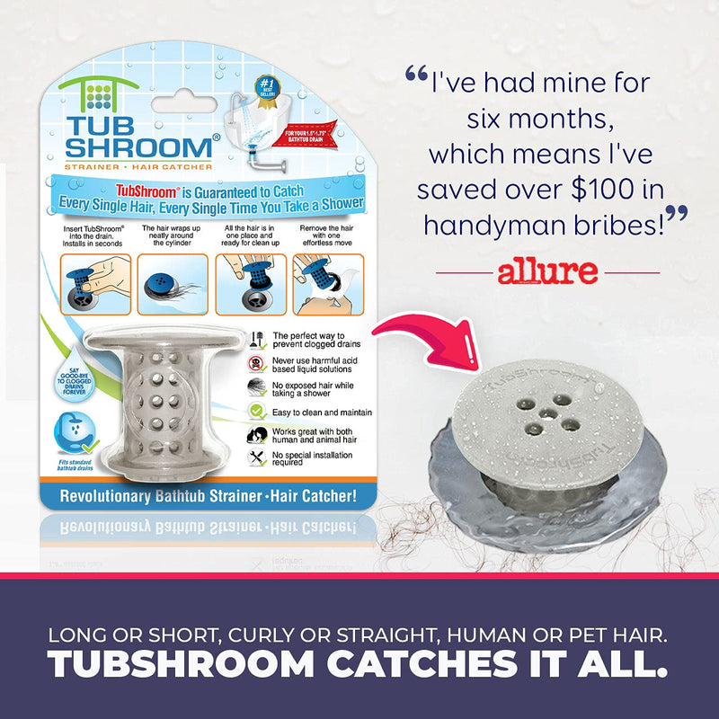 TubShroom Tub Hair Catcher Drain Protector, Fits 1.5"-1.75", Gray
