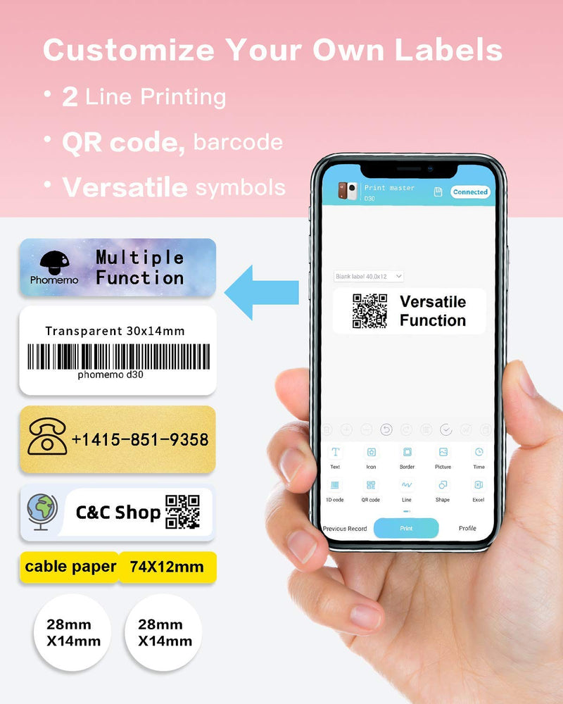 Label Maker Phomemo D30 -with 3 Adhesive Label Thermal Paper Bluetooth Label Maker Thermal Label Printer Paper Mini Easy to Use (USB Rechargeable)-Pink Pink