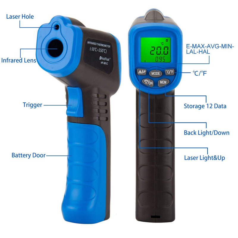 HOLDPEAK 981C Non-Contact Infrared Thermometer Digital Laser Infrared Thermometer -58 to 1022℉ (-50 to 550℃) with Adjustable Emissivity + 866B Digital Anemometer Handheld Wind Speed Meter (2Packs) 866B Anemometer + 981C Thermometer(58-1022℉）