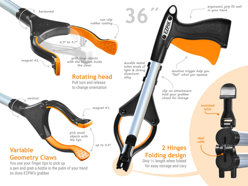 EZPIK Folding Grabber Tool for Elderly 36 Inch with Magnets - Rugged Reachers for Disabled & Seniors Heavy Duty - Rotating Grippers for Reaching Tight Places - Trash Grabbers and Pickers Heavy Duty 36 (L)