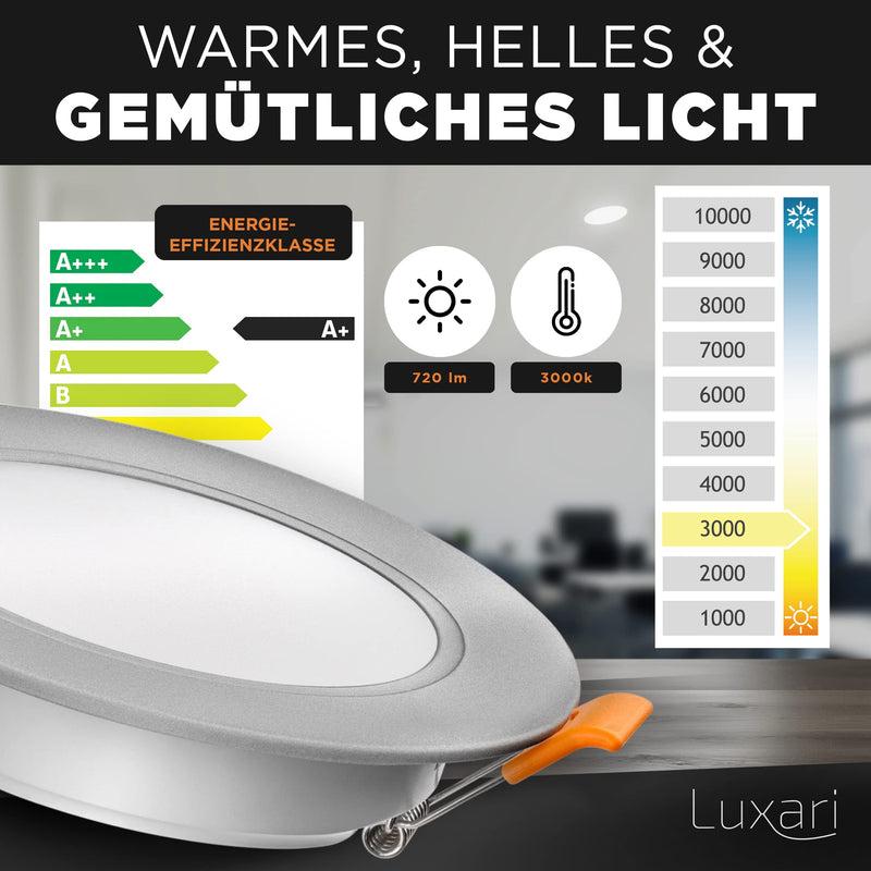 Luxari LED recessed spotlight 230V flat − Radiant LED recessed lights [set of 6 8W] − Bathroom LED spot [3000K warm white] − Ceiling spotlight − IP54 silver