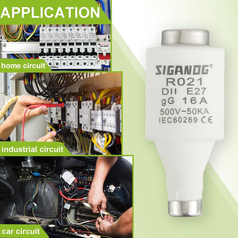 SIGANDG 16A DII E27 R021 Spiral Ceramic Fuses gG Diazed Fuse Inserts 500VAC for Cable and Line Protection (Pack of 10)