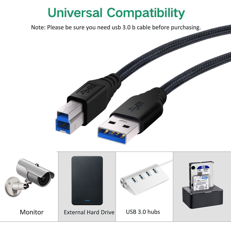 USB 3.0 A to B Cable, Besgoods 2-Pack 6ft Extra Long Braided USB 3.0 Cable A Male to B Male Cable Cords - Black