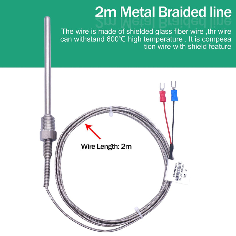 Twidec/2M NPT 1/4"inch (6X100MM) Pipe Thread Temperature Sensor Probe Two Wire Temperature Controller (0~600℃) 304 Stainless Steel K Type Thermocouple MT-205-1/4 1/4" 6x100mm
