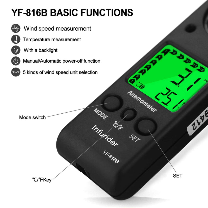 INFURIDER Wind Gauge, Digital Anemometer Handheld Wind Gauge Wind Speed Meter Gauge Air Flow Speed for Wind Speed Gauge Air Temperature with Backlight Chill MAX AVG 1PCS