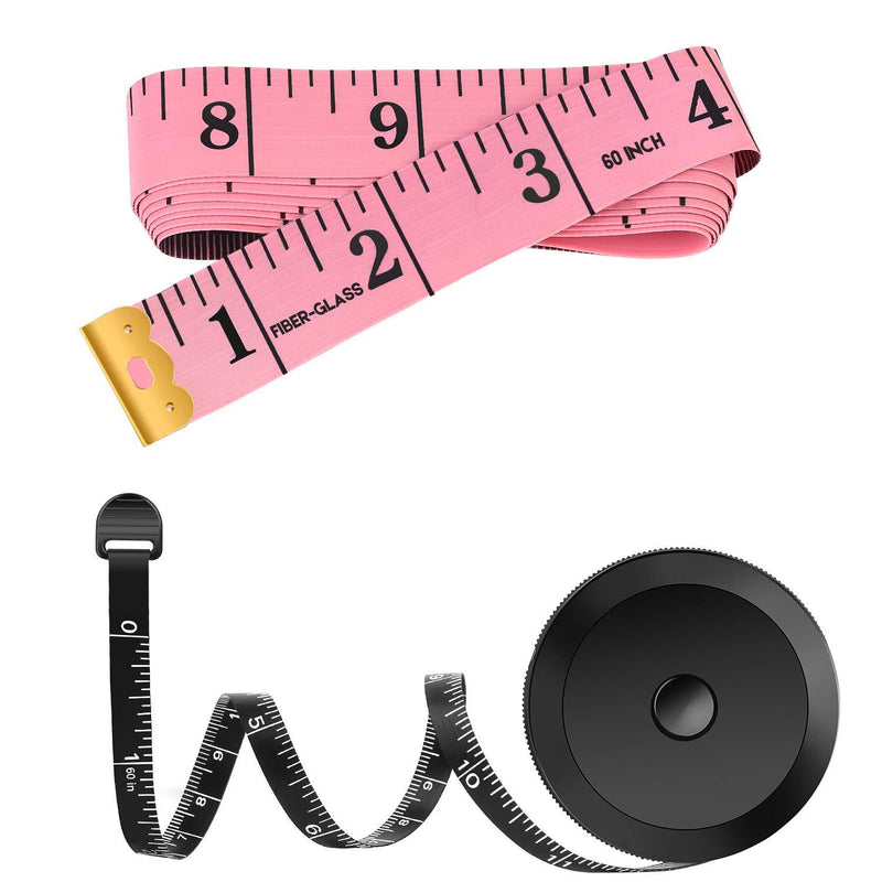 2 Pack Tape Measure Measuring Tape for Body Fabric Sewing Tailor Cloth Knitting Vinyl Home Craft Measurements, 60-Inch Soft Fashion Tape & Retractable Black Double Scales Rulers for Body Weight Loss Pink & Black