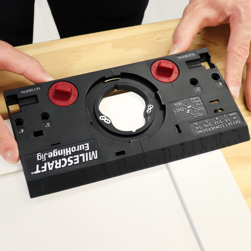Milescraft 1342 Euro Hinge Jig• Concealed Hinge Jig for Framed & Frameless Cabinets• Automatically Aligns to 6 Common Hinge Settings• Metal Drill Guide Produces Perfect Hinge Holes– 35mm Bit Included