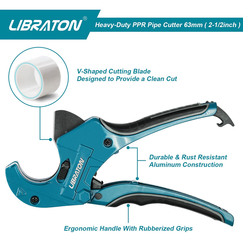 Libraton PVC Cutter, Up to 2-1/2", PVC Pipe Cutter 2 Inch, ABS Pipe Cutter, Ratchet Pipe Cutter Heavy-Duty, Pex Cutting Tool, PEX Pipe Cutter for Cutting PEX, PVC, PPR Plastic Hoses and Plumbing Pipe