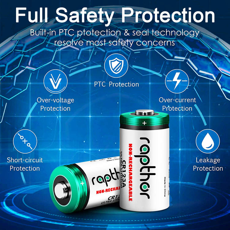 Rapthor CR123A Lithium Batteries 3V 12 Pack 1650mAh High Capacity CR123 CR17345 PTC Protection Non-rechargeable 123A Photo Battery for Camera Flashlights Microphone Alarm System (Not for Arlo)