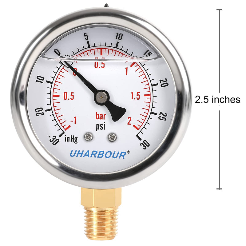 UHARBOUR Glycerin Filled Vacuum Pressure Gauge, 2-1/2" Clear dial,1/4"NPT Bottom Connection, Stainless Steel Case, Brass Movement, Dual Scales -30HG/30PSI （-30HG/30PSI） Lower Mount