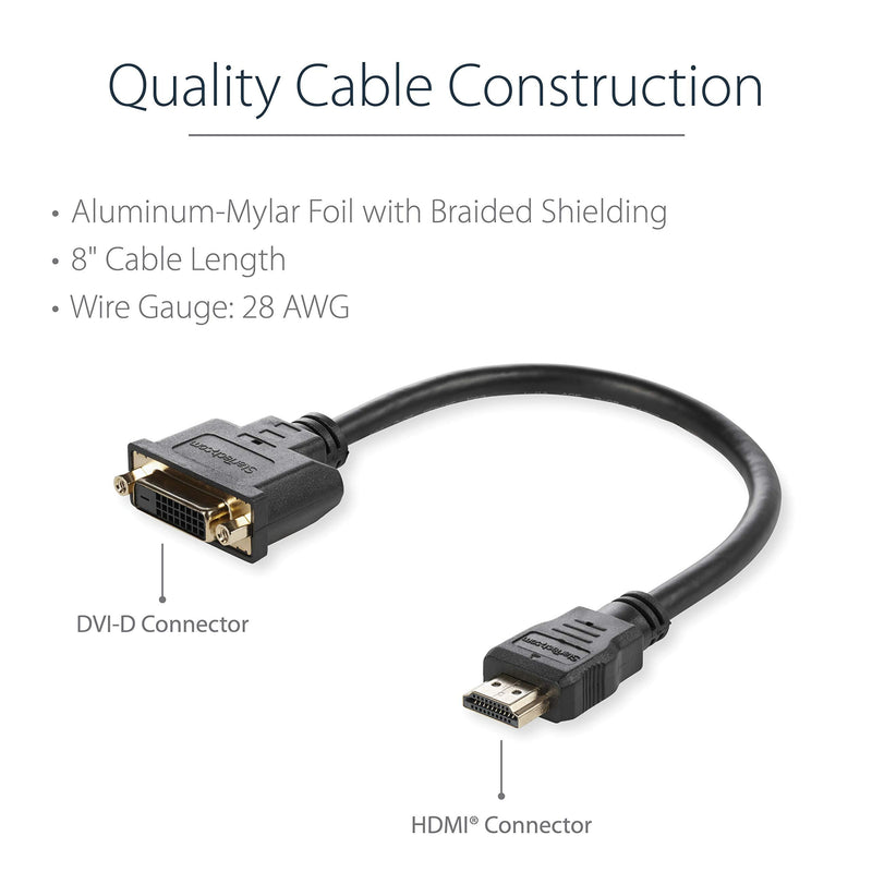 StarTech.com HDMI Male to DVI Female Adapter - 8-Inch - 1080p DVI-D Gender Changer Cable (HDDVIMF8IN), Black