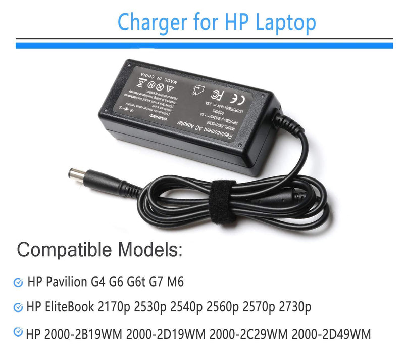 65W Laptop Charger AC/DC Adapter for HP Pavilion G4 G6 G7 M6 DM4 DV4 DV5 DV6 G60 G61 G72; EliteBook 2540p 2560p 2570p 2730p 2740p Power Supply Cord