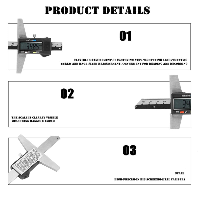 0-150 mm digital depth gauge, 0.01 mm high-precision stainless steel digital depth caliper with mm/inch measuring system