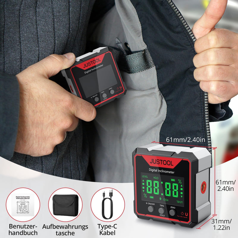 JUSTOOL Digital LCD Protractor Inclinometer Inclinometer Laser Angle Measuring Device Spirit Level IP54 Waterproof Level Box 4-Sided Magnetic Leveling Box Bevel Box with Type-C Charging Cable