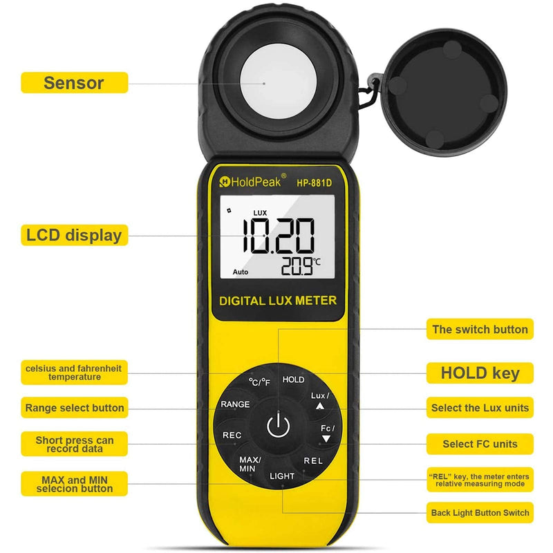 Light Meter HOLDPEAK HP-881D Digital Lux Meter 0.01-400,000 Lux /1-40,000 FC Measuring Ranges and 270° Rotatable Detector for LED Lights and Plants Lumen Meter Y-HP-881D(0.01-400,000 Lux /1-40,000 FC)