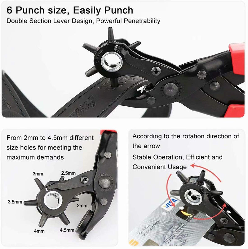 Revolving Punch Plier Kit, XOOL Leather Hole Punch Set for Belts, Watch Bands, Straps, Dog Collars, Saddles, Shoes, Fabric, DIY Home or Craft Projects, Heavy Duty Rotary Puncher, Multi Hole Sizes Make Hole Puncher