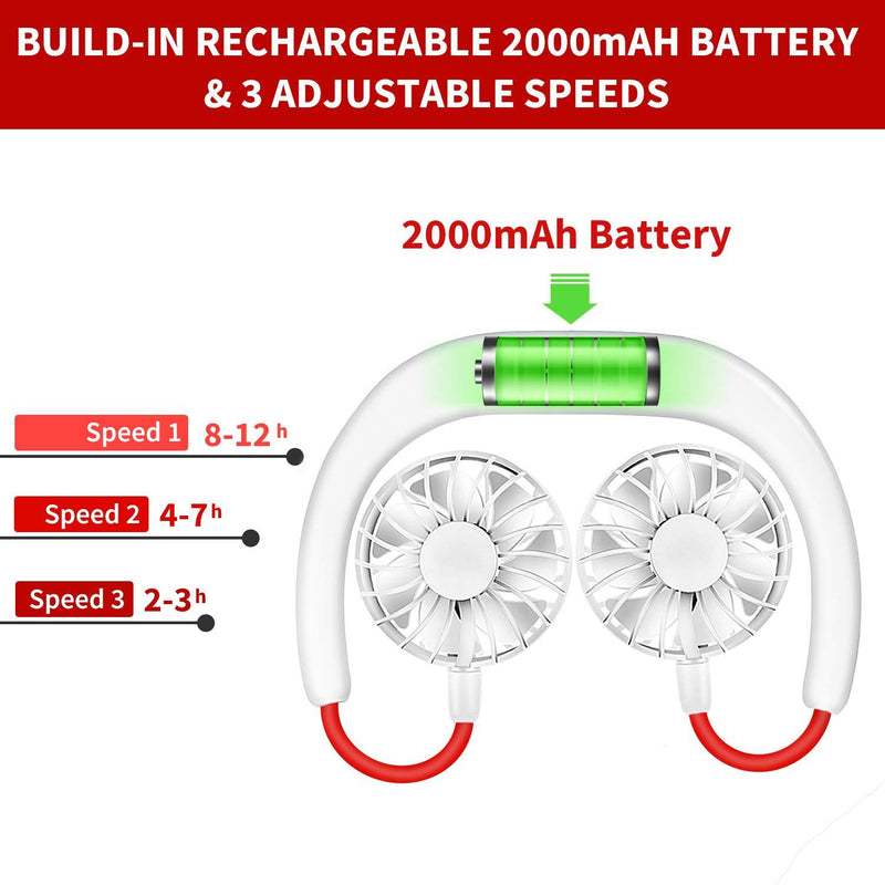 Portable Neck Fan Rechargeable Personal Hand-Free Fan Mini USB Wearable Neckband Sport Fan, 3 Speed Adjustable, 360 Degrees Free Rotation Perfect for Working, Traveling, Office, Reading (White) White