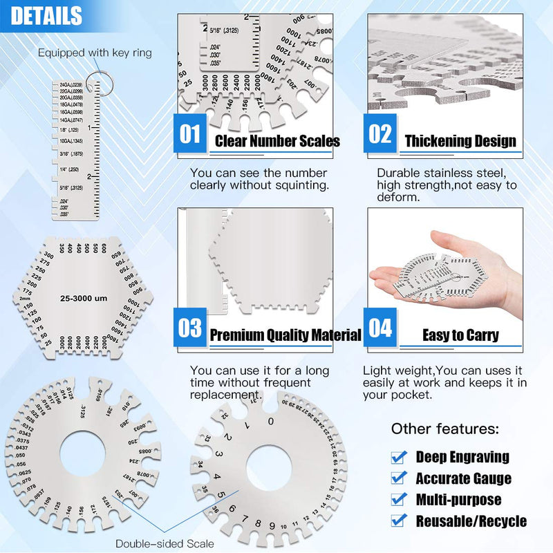 Glarks 3 Pack Stainless Steel Welding Gauge Set, 25-3000um Wet Film Comb + Wire Metal Sheet Thickness Gauge + Round Dual-Sided Wire Cable Sheet Gage Standard Thickness Metal Gauge AWG and SAE