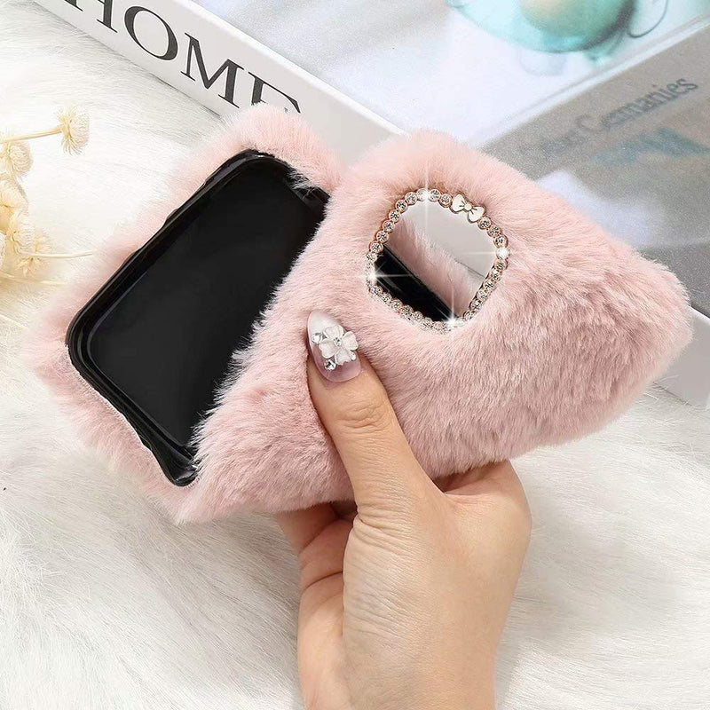 Jorisa Plush Case for Moto G Power 2021,Cute Furry Rabbit Fur Hair Winter Warm Fluffy Fuzzy Cover Bling Crystal Diamond Soft Silicone Phone Case for Girls Women,Pink Pink