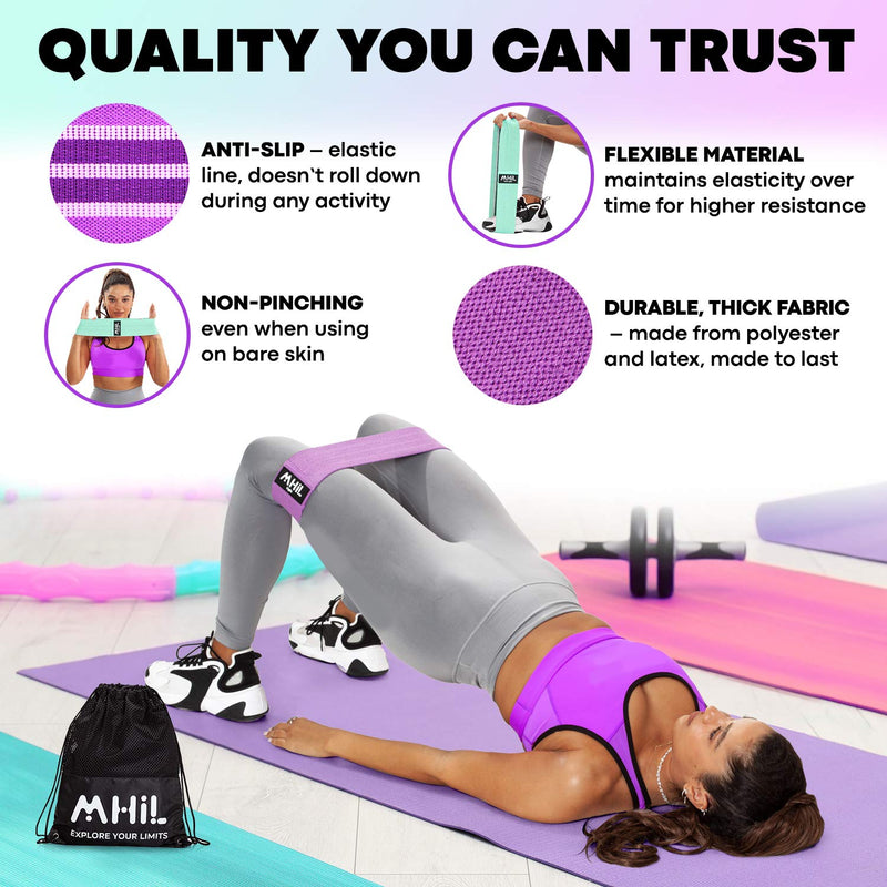 MhIL 5 Resistance Bands Set - Best Exercise Bands, Booty Bands for Women and Men, Workout Bands for Working Out Legs, Butt, Glute- Stretch Fitness Bands for Gym, Weights & Squats, Thick Elastic Fabric Pink, Purple, Green, Grey, Black