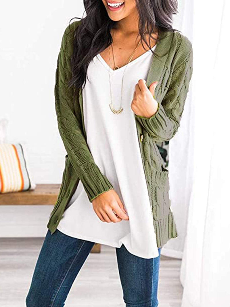 PRETTYGARDEN Womenâ€™s Long Sleeve Open Front Knitted Cardigan Sweater Button Down Chunky Outwear Coat Army Green Small