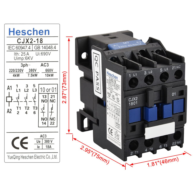 Heschen AC contactor CJX2-1801 220V 50/60Hz coil 3P 3-pole normally closed Ie 18A Ue 380V