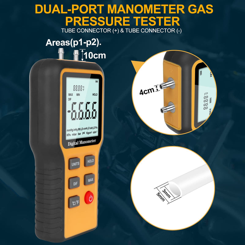 Manometer, Professional Air Pressure Meter, Dual-Port Manometer Gas Pressure Tester,12 Selectable Units Differential Pressure Gauge, HVAC Digital Manometer, Gas Pressure Tester