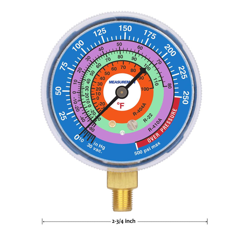 MEASUREMAN Refrigeration Pressure Gauge, 2-3/4" Dial, Blue Dial, 1/8" NPT Lower Mount, 30inHg-0-250psi, 250-500psi Retarded Range, R-404A, R-22, R-410A, Degree F, Adjustable Pointer 2-3/4 inch（30inHg-0-250psi）