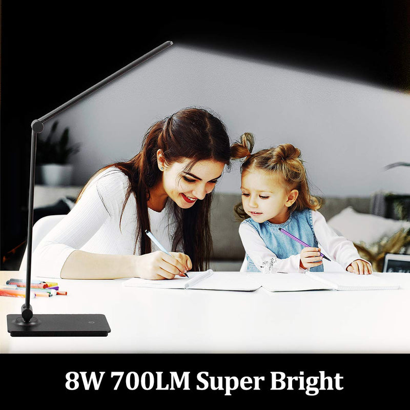 LED Desk Lamp, Touch Control Desk Lamp with 3 Levels Brightness, Dimmable Office Lamp with Adjustable Arm, Foldable Table Desk Lamp for Table Bedroom Bedside Office Study, 5000K, 8W, Black