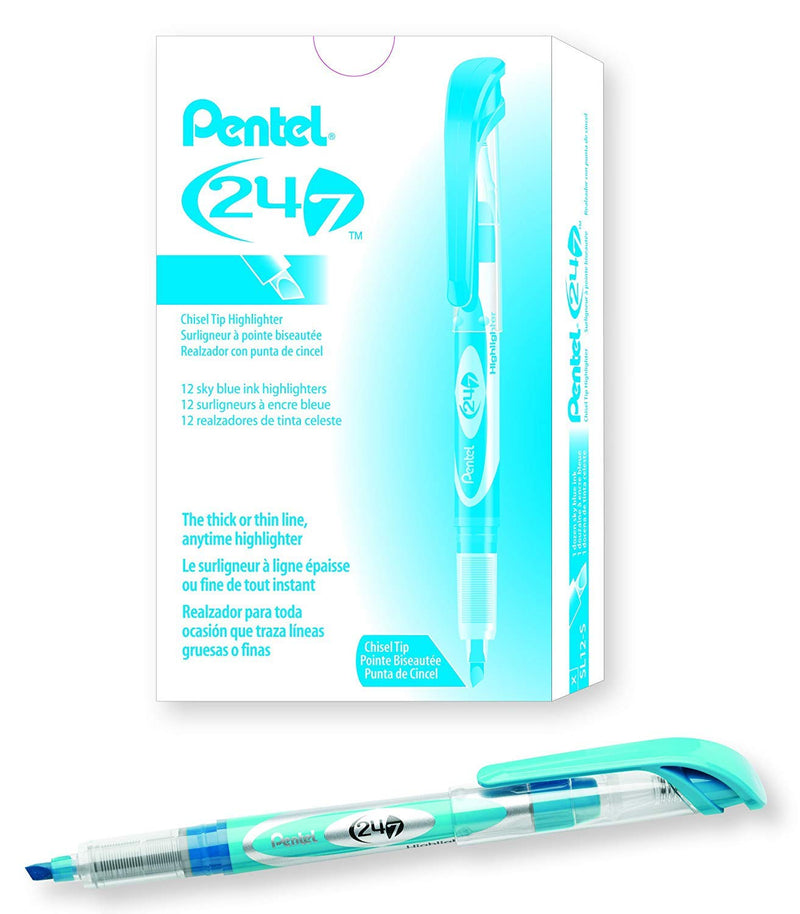 Pentel 24/7 Chisel Tip Liquid Highlighter, Sky Blue Ink, Box of 12 (SL12-S)