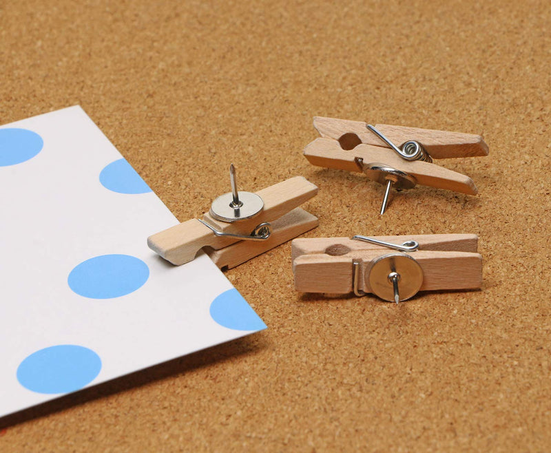 Tupalizy Wooden Clips Push Pins Clothespins Pushpin Tacks Thumbtacks for Cork Bulletin Boards Picture Documents Notes Papers Photos Files and Artworks Craft Projects, 20PCS