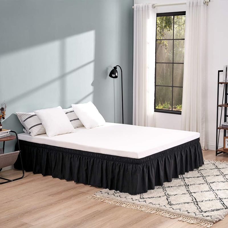 RIMELA Bed Skirt Wrap Around Elastic Dust Ruffles Solid Color Wrinkle and Fade Resistant with Adjustable Elastic Belt Easy to Install Black for Queen Size 15 Inch Drop Queen-15 In Drop