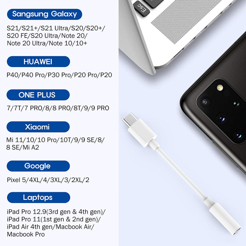 USB C Digital to 3.5 mm Female Headphone Jack Adapter, Type C Aux Audio Dongle Converter for iPad Pro 11" 12.9" 2018/2020/Google Pixel/5 4 3 2/ XL/Samsung S21 S20 Ultra Z Flip S20+ Note 20 S10 S9 Plus USB-C Adapter - White