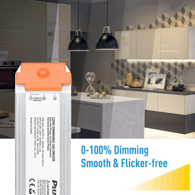 12V120W LED Dimmable Driver, PLUSPOE 12V Dimming LED Power Supply Low Voltage Transformer Compatible with 2-3 Way Wall Dimmer, Quiet Operation Aluminum Alloy Housing. 12V120W Dimmable