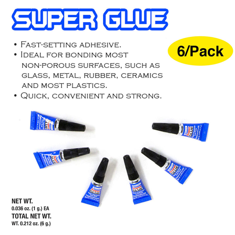 BAZIC Single Use Super Glue 1g/0.036 Oz, Mini Small Tube Clear Adhesive Fluid Liquid Bonding for Office & Home Improvement (6/Pack), 2-Packs 6-count (1g / count) - Single use 2-Pack