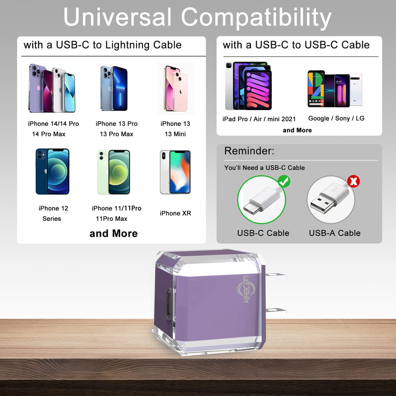 USB C Charger Block 20W PD 3.0 Durable Compact Fast Charging Compat with iPhone 14/14 Pro/14 Pro Max/13/13 Mini/13 Pro/13 Pro Max/12/SE/12 Mini, iPad Pro, iPad Air, iPad Mini, No Cable, Deep Purple