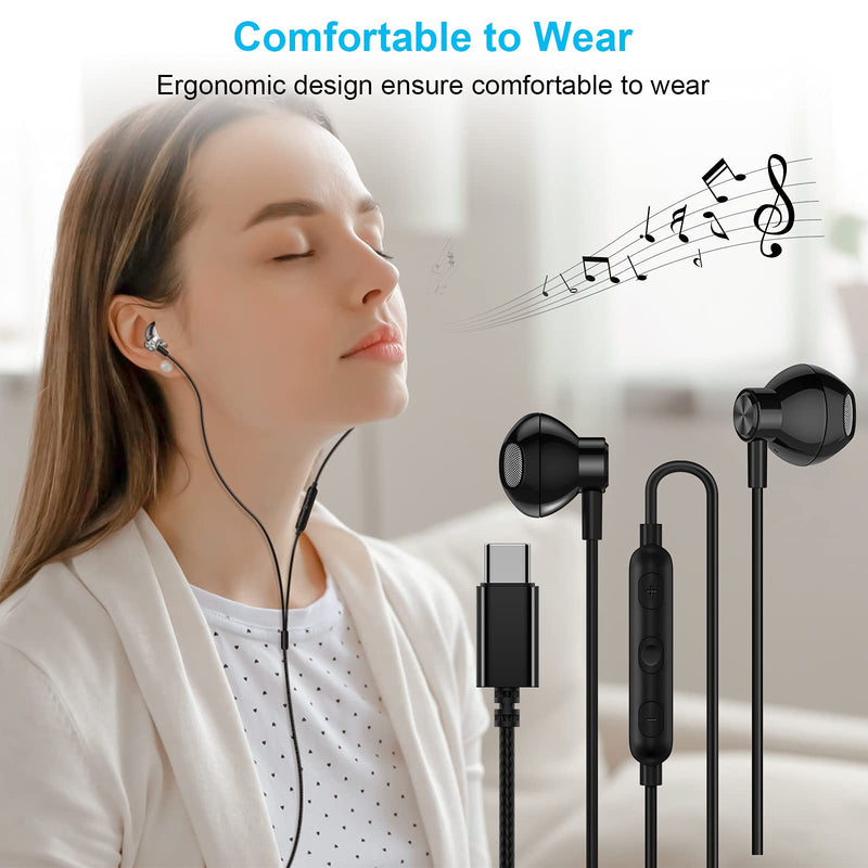 USB C Headphones, ACAGET Galaxy S21 Ultra Earbuds Wired Earphone for Android Semi in Ear USB Type C Headphone HiFi Stereo USB C Earphones for Samsung Galaxy S21 Ultra S20 FE Note 20 Tab S6 S5e Black