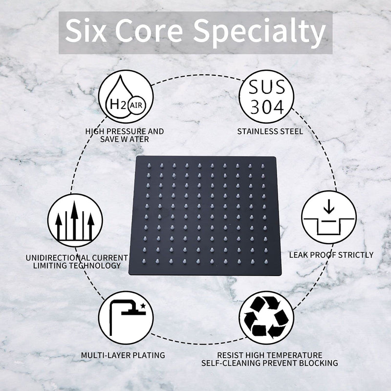 GGStudy 8 inch Square Rain Shower head Stainless Steel Shower head High Pressure Shower Head Ultra Thin Rainfall Bath Shower Self-cleaning Silicon Nozzle Black Shower Head 8inch