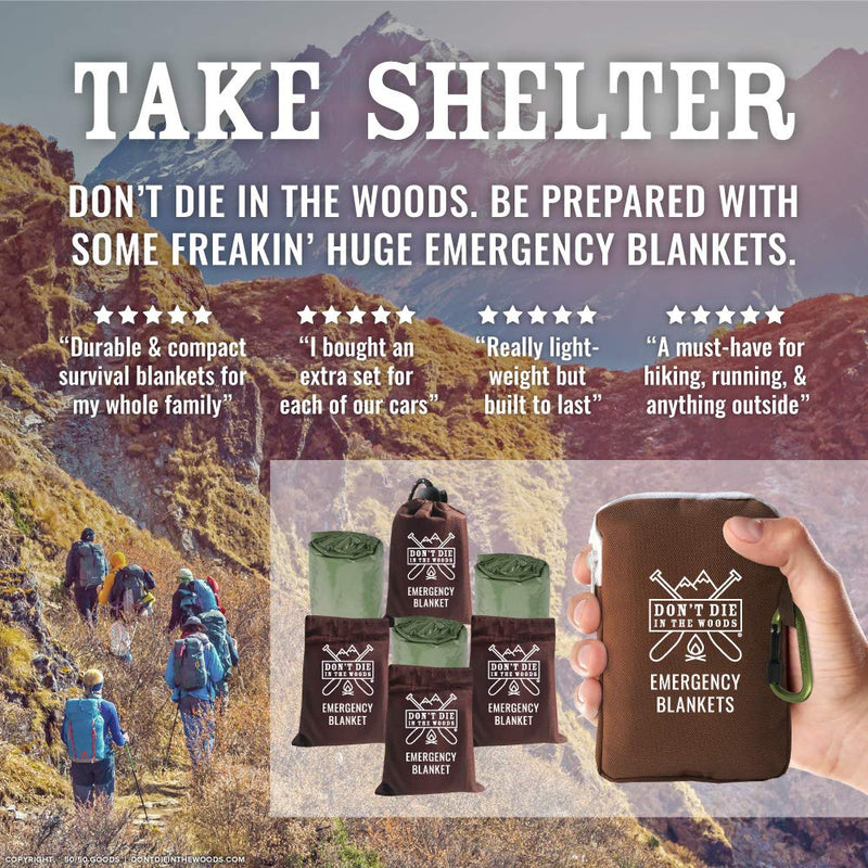 Don't Die In The Woods - Freakin’ Huge Emergency Blankets [4-Pack] Extra-Large Thermal Mylar Space Blankets with Ripstop Nylon Stuff Sacks + Carabiner Zipper Pack Army Green