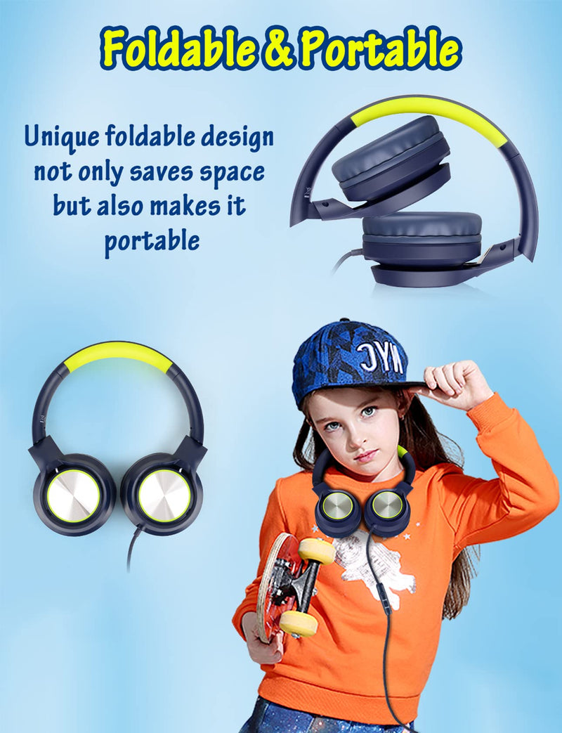 Kids Headphones with Microphone, Wired Over Ear Headsets with Limited Volume 85dB/ 94dB for Boys Girls Teens Children Online School/Travel/iPad/Tablet/Cellphone Blue