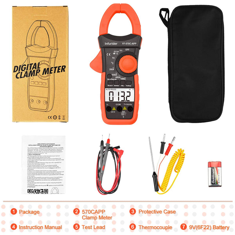 Digital Clamp Meter 570CAPP 4000 Counts Auto-ranging AC DC Volt Current Multimeter for Accurate Measure Voltage,Amp,Resistance,Capacitance,Temperature,Continuity with APP via Bluetooth 1.YF-570C-APP AC DC Current Clamp with BT