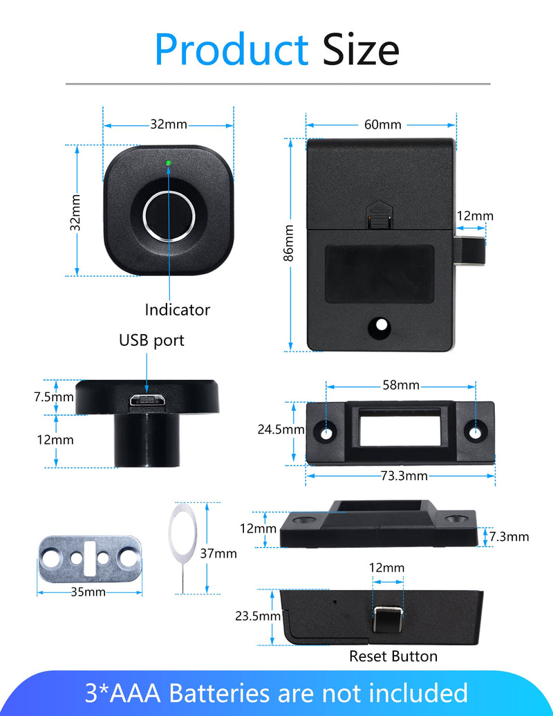 Fingerprint Cabinet Lock, Smart Biometric Cabinet Lock, Keyless Hidden File Drawer Wardrobe Lock, Child Safety Electric Fingerprint Lock, DIY Wooden Furniture Privacy Lock for Home Office Black