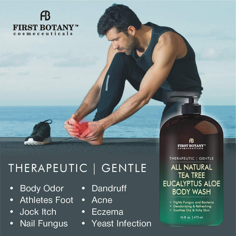 ALL Natural Tea Tree Body Wash - Fights Body Odor, Athleteâ€™s Foot, Jock Itch, Nail Issues, Dandruff, Acne, Eczema, Yeast Infection, Shower Gel for Women & Men, Eucalyptus Aloe Skin Cleanser -16 fl oz