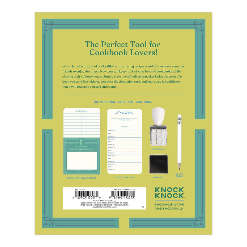 Knock Knock Cookbook Edition Personal Library Kit & Gift for Book Lovers - Card Catalog Checkout Cards, Bookplates, Date Stamp & Inkpad