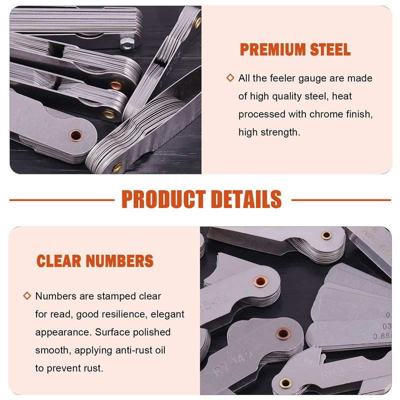 Tanstic 6Pcs Stainless Steel Feeler Gauge and Radius Gauge Set, 5Pcs R0.3-1.5/ R1-6.5/ R7-14.5/ R15-25/ R25-50 Radius Fillet Gauge with 32 Blades 0.04-0.88 mm Metric and Imperial Gap Measuring Tool
